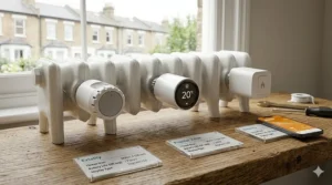 A side-by-side comparison of three different smart TRV models mounted on a radiator, featuring UK-standard thread specifications and battery life stats.