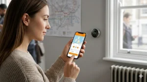 A woman in a British home using a smartphone app to programme her central heating schedule remotely, with a London Underground map and a sash window visible in the background.
