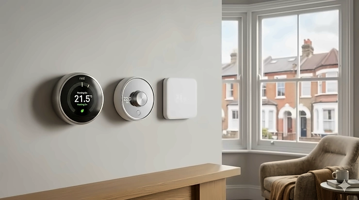A 4K photorealistic photograph comparing three leading smart thermostats—Google Nest, Hive Active Heating, and Tado°—mounted side-by-side in a modern British living room. The devices are illuminated by soft, natural daylight from a large window showing typical UK terraced houses. best smart thermostat