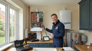 Alt text for image 8: A photorealistic comparison of UK energy efficiency labels for combi and system boilers, both showing A-ratings for heating and hot water performance.