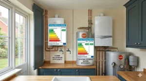 Alt text for image 7: An infographic comparing boiler types for UK homes; a combi boiler shown as ideal for a flat and a system boiler for a large detached house with multiple bathrooms.