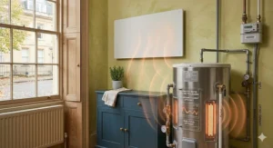 An illustration of a ceramic fan heater circulating warm air currents upwards towards the ceiling, demonstrating the convection heating process in a domestic setting.