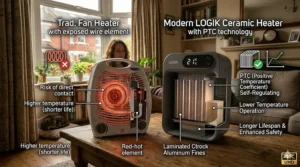 A comparison diagram showing the heating elements of a PTC ceramic heater versus a traditional wire coil fan heater.