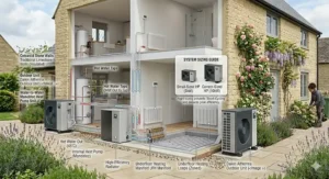 Cutaway view of a house demonstrating system sizing and components for an air source heat pump setup.