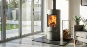 A person using a specialised British formula glass cleaner and sponge to maintain the clear view on a multifuel burner door.