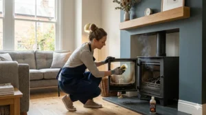 A person performing maintenance by cleaning soot from the ceramic glass door of a wood burning stove using a specialised sponge.