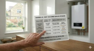 An infographic showing estimated installation costs and annual gas bill savings for different UK house sizes after upgrading to one of the best A-rated combi boilers.