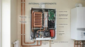 Alt text for image 2: A detailed cross-section diagram showing the internal components of a combination boiler, including the heat exchanger, circulating pump, and gas valve, labelled in British English.