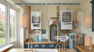Alt text for image 5: A comparison of water performance showing a combi boiler powering one tap versus a system boiler sustaining high mains pressure to multiple outlets simultaneously.