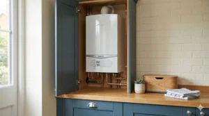 Alt text for image 4: A modern white combination boiler neatly installed inside a standard British Shaker-style kitchen cupboard, demonstrating its space-saving benefits for smaller homes.