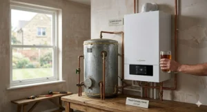 A photorealistic size comparison diagram showing a compact combi boiler unit alongside a bulky traditional hot water cylinder, highlighting the space-saving benefits for UK homes and flats.