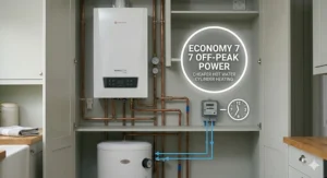 Alt text for image 4: A side-by-side comparison of a compact electric boiler system versus a bulky traditional gas boiler, highlighting the space-saving benefits for UK homes.