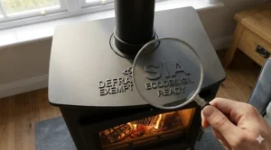 A close-up view of a multifuel stove top plate with a magnifying glass highlighting the SIA Ecodesign Ready and DEFRA Exempt engraved logos.