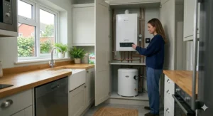Alt text for image 2: A photorealistic close-up of a wall-mounted electric boiler and hot water storage tank installed within a contemporary grey Shaker-style kitchen.