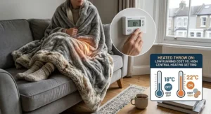 A photorealistic bedroom scene showing two digital controllers for a dual-control electric blanket resting on an oak bedside table.
