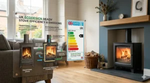 A graphic explaining EcoDesign Ready standards and energy efficiency ratings for wood burners in the UK market.
