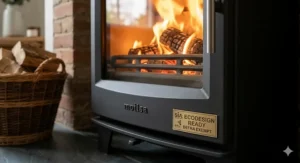 Close-up of a matte black multifuel stove featuring a brass plaque that confirms SIA Ecodesign Ready and DEFRA Exempt certification.