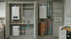 Alt text for image 5: A technical flowchart showing the internal components of an electric boiler achieving 99.8% energy efficiency at the point of use.