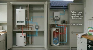 Alt text for image 7: A graphic highlighting that electric boilers require no external flue and no annual gas safety certificate, making them easier to maintain than gas systems.