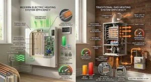 A detailed comparison of maintenance-free electric heating elements versus a gas boiler requiring annual safety servicing and flue venting.