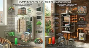Suitability guide showing electric heating for modern apartments and passive houses versus gas for larger detached and semi-detached British homes.