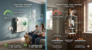 A split-screen comparison showing a low-carbon electric heater powered by a green UK grid versus a traditional gas boiler with fossil fuel emissions.