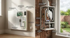 Detailed cutaway of a modern electric heater’s microprocessor controls versus the complex copper pipe network and burner of a gas boiler.