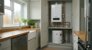 Alt text for image 3: An illustration of an electric storage boiler system showing its connection to an Economy 7 smart meter for cheaper off-peak electricity in the UK.