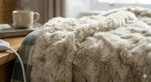 Close-up of a white electric blanket with elasticated skirts being fitted onto a double mattress.