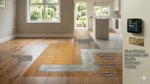 An architectural illustration of an open-plan room with four distinct, integrated floor finishes, showing that engineered timber, luxury vinyl tile (LVT), ceramic tiles, and polished concrete screed are all compatible with electric underfloor heating.
