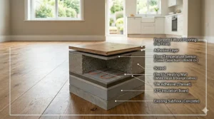 A detailed cross-section illustration showing the structural layers for underfloor heating, including the existing concrete subfloor, insulation board, tile adhesive, mesh heating mat, screed, and final engineered wood floor finish.