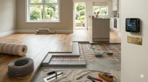 A renovation scene showing the installation of an electric underfloor heating system, with grey XPS insulation boards being laid onto a floor and a mesh-style heating mat being unrolled near the wall.