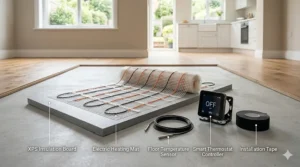 A high-detail illustration showing the necessary components of an electric underfloor heating kit, including a mesh heating mat, XPS insulation board, a digital room thermostat, and a floor temperature sensor with a coiled cable.