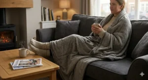 A person wrapped in a thick heated throw while adjusting a wall-mounted thermostat to a lower temperature to save on energy bills.