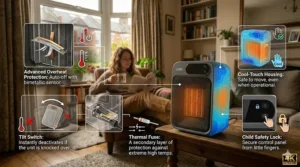 Close-up illustration of safety features including an automatic tilt switch and overheat protection on a portable heater.