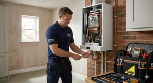 A professional Gas Safe registered engineer in a UK utility room carefully installing a new combi boiler, showing the internal copper pipework and components.