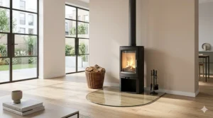 A contemporary freestanding wood burning stove positioned on a curved glass hearth to protect a wooden floor.