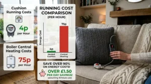 An infographic showing that a heated cushion costs 4p per hour to run compared to 75p for central heating in the UK.