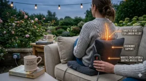 A woman using a heated cushion for ergonomic lumbar support and heat therapy to soothe muscle pain while sitting outdoors.