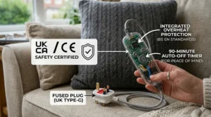 Close-up of a heated cushion controller and UK Type-G fused plug, highlighting UKCA and CE safety certification.