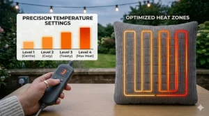 A comparison chart showing four precision heat levels, from gentle warmth to max heat, for a top-rated heated cushion.
