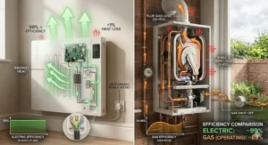 Infographic demonstrating over 99% efficiency for electric heating at point of use compared to heat loss through a gas boiler flue.