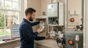A professional using a smartphone app to adjust heating schedules and monitor energy usage for a UK central heating system.