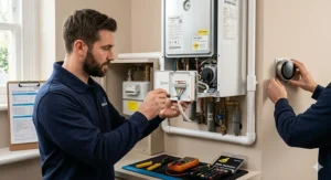 A detailed close-up showing the interface differences between the Hive and Nest smart thermostats side-by-side.