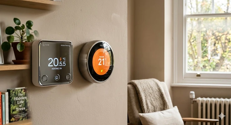 A side-by-side comparison of a square Hive Thermostat and a circular Nest Learning Thermostat installed on a neutral-toned wall in a modern British home. Hive vs Nest comparison