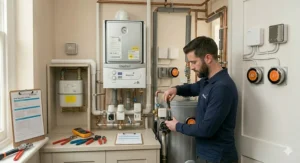 An illustration of the Hive Multizone installation kit being set up alongside a smartphone for geofencing heating alerts.