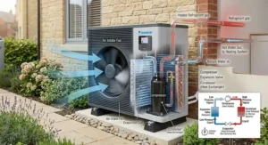 Technical diagram illustrating the refrigeration cycle of an air source heat pump extracting heat from the air.
