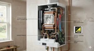 A photorealistic technical cutaway diagram of a high-performance combi boiler showing the stainless steel heat exchanger, burner module, and pump with clear descriptive labels.