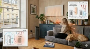 A technical diagram showing how far-infrared waves directly heat objects and people within a room, similar to natural sunlight, rather than just warming the air.