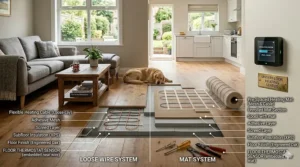A side-by-side comparison illustrating two common electric underfloor heating methods: a loose-wire system being carefully hand-taped, versus a pre-spaced mesh mat system being quickly unrolled.